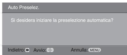 Auto Preselez. Si desidera iniziare la preselezione automatica? Indietro: ← Avvio: + Annulla: MENU