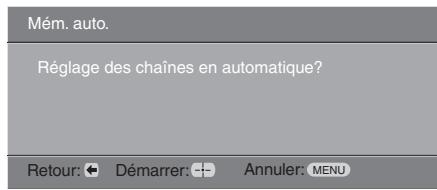 Mém. auto. Réglage des chaînes en automatique? Retour: ← Démarrer: -- Annuler: MENU
