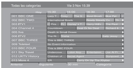 Todas las categorías Vie 3 Nov 15:39 Hoy 15:30 16:00 16:30 17:00 001 BBC ONE 002 BBC TWO 003 ITV1 004 Channel 4 005 five 006 ITV2 007 BBC THREE 009 Teketext 010 BBC FOUR 011 Sky Travel 012 UKTV History 013 More 4 Anterior Siguiente 30 min Categoría