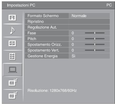 Impostazioni PC Formato Schermo Normale Ripristino Regolazione Aut. Fase 0 Pitch 0 Spostamento Orizz. 0 Spostamento Vert. 0 Gestione Energia Si Risoluzione: 1280x768/60Hz