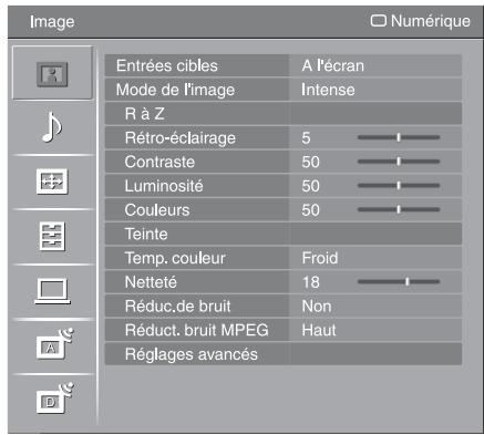 Image Entrées cibles A l'écran Mode de l'image:Intense R à Z Rétro-éclairage 5 Contraste 50 Luminosité 50 Couleurs 50 Teinte Temp. couleur Froid Netteté 18 Réduc.de bruit Non Réduct. bruit MPEG Haut Réglages avancés Numérique