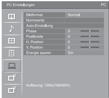PC Einstellungen PC Bildformat Normal Normwerte Auto-Einstellung Phase 0 Pixelbreite 0 H. Position 0 V. Position 0 Energie sparen Ein Auflösung: 1280x768/60Hz