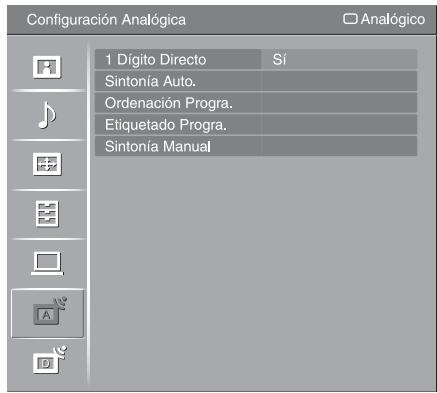 Configuración Analógica 1 Dígito Directo Sí Sintonía Auto. Ordenación Progra. Etiquetado Progra. Sintonía Manual