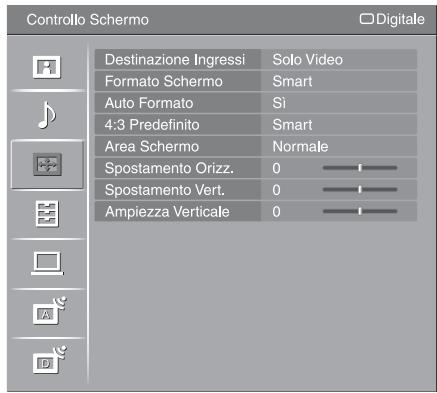 Controllo Schermo Destinazione Ingressi Solo Video Formato Schermo Smart Auto Formatò Si 4:3 Predefinito Smart Area Schermo Normale Spostamento Orizz. 0 Spostamento Vert. 0 Ampiezza Verticale 0