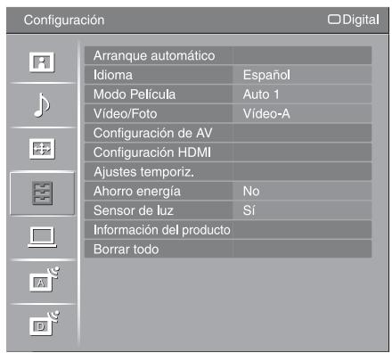 Configuración Arranque automático Idioma Espanol Modo Película Auto 1 Vídeo/Foto Vídeo-A Configuración de AV Configuración HDMI Ajustes temporiz. Ahorro energía No Sensor de luz Sí Información del producto Borrar todo