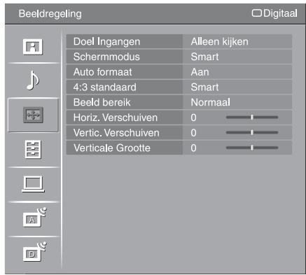 Beeldregeling Doel Ingangen Alleen kijken Schermmodus Smart Auto formaat Aan 4:3 standaard Smart Beeld bereik Normaal Horiz. Verschuiven 0 Vertic. Verschuiven 0 Verticale Grootte 0