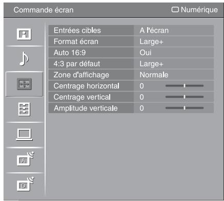 Commande écran Numérique Entrées cibles A l'écran Format écran Large+ Auto 16:9 Oui 4:3 par défaut Large+ Zone d'affichage Normale Centrage horizontal 0 Centrage vertical 0 Amplitude verticale 0