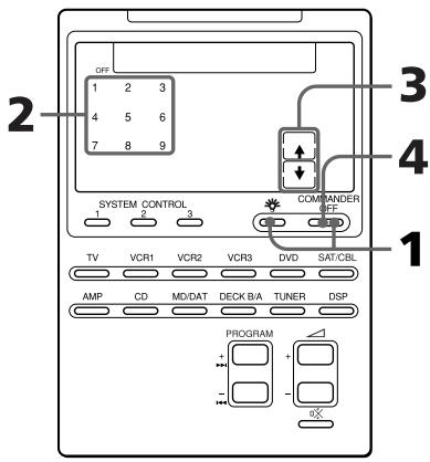 OFF 1 2 3 4 5 6 7 8 9 SYSTEM CONTROL 3 COMPANDER OFF TV VCR1 VCR2 VCR3 DVD SAT/CBL AMP CD MD/DAT DECK B/A TUNER DSP PROGRAM