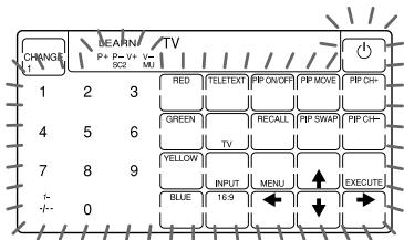 CHANGE 1 2 3 4 5 6 7 8 9 0 BEARN P+ P+V+ V- SC2 SC2 MU TV RED TELETEF P/ONOR P/PMO P/CH+ GREEN RECALL PIP SWAP PIP CH- TV YELLOW INPUT MENU ↑ EXECUTS BLUE 16.9 ↓