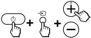 Diagram showing three hand icons: a button, a plus button with an arrow, and a minus sign, illustrating electrical or logic function states.