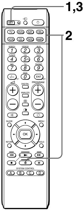 1,3 2 SET TV DVD SAT CBL VCR CD Tape AMP VIDEO1 VIDEO2 AUX 1 2 3 TUNER CD SPE 4 5° 6 MR TV RADIO 7 8 9 -/- 0 ENT DIGITAL PROGRAM + ANALOG - + - + GUIDE MENU OK TOOLS RETURN - SYSTEM CONTROL A B C D