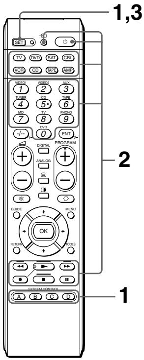 1,3 SET VCD SRT CBL VCR CD TAF CMP VIDEO1 VIDEO2 AUX TUNER 2 3 4 5° 6 MD 7 8 9 DVD -/- 0 ENT DIGITAL PROGRAM + ANALOG - (S) - GUIDE MENU OK POOLS RETURN ← → A B C D SYSTEM CONTROL 1