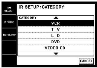 SONY RM-TP1 - Touchez IR SETUP dans le menu déroulant. L'écran IR SETUP: CATEGORY apparait. - 1