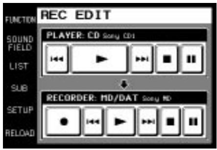 FUNCTION REC EDIT SOUND FIELD PLAYER: CD Sony CD1 LIST SUB RECORDER: MD/DAT Sony MD SETUP RELOAD