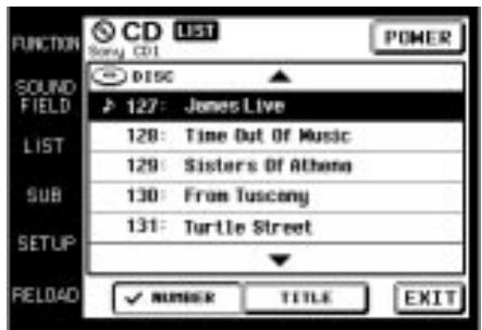 FUNCTION CD LIST Sony CD1 SOUND FIELD DISC 127: Jones Live LIST 128: Time Out Of Music 129: Sisters Of Athena SUB 130: From Tuscany 131: Turtle Street SETUP RELOAD NUMBER TITLE EXIT