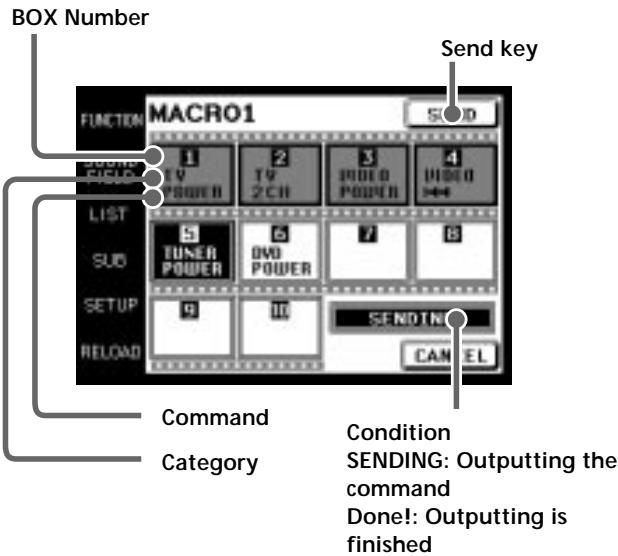 BOX Number MACRO1 Send key FUNCTION 1 2 3 4 COMMAND CATEGORY SENDING: Outputting the command Done!: Outputting is finished