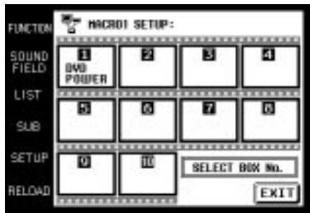 FUNCTION SOUND FIELD LIST SUB SETUP RELOAD MACRO1 SETUP: 1 DVD POWER 2 3 4 5 6 7 8 9 10 SELECT BOX No. EXIT
