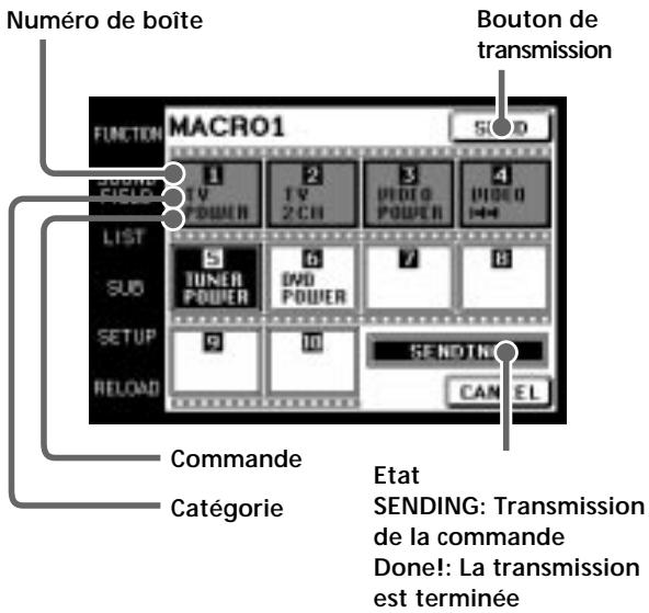 Numéro de boîte Bouton de transmission FUNCTION MACRO1 1 TV POWER 2 TV 2 CH 3 VIDEO POWER 4 VIDEO LIST 5 TUNER POWER 6 DVD POWER 7 8 SUD 9 SETUP 10 RELOAD SENDING CANCE L Commande Catégorie Etat SENDING: Transmission de la commande Done!: La transmission est terminée