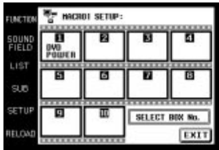 FUNCTION MACRO1 SETUP: SOUND FIELD 1 DVD POWER 2 3 4 LIST 5 6 7 8 SUB SETUP 9 10 SELECT BOX No. RELOAD EXIT