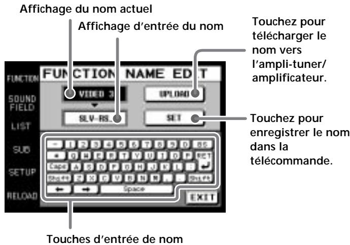 Affichage du nom actuel Affichage d'entrée du nom Touchez pour télécharger le nom vers l'ampli-tuner/ amplificateur. FUNCTION NAME EDIT SOUND VIDEO 3 SLV-RS SET LIST SUB SETUP RELOAD Space EXIT Touches d'entrée de nom