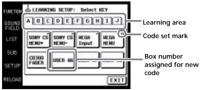 FUNCTION LEARNING SETUP: Select KEY SOUND FIELD A B C D E F G H I J LIST SONY CS MENU+ SONY CS MENU- HORA Input HORA MENU SUB CD300 FADER USER AG SETUP RELOAD EXIT Learning area Code set mark Box number assigned for new code