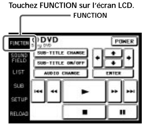 Touchez FUNCTION sur l'écran LCD. FUNCTION FUNCTION DVD S BY DVD POWER SOUND FIELD SUB-TITLE CHANGE SUB-TITLE ON/OFF LIST AUDIO CHANGE ENTER SUB SETUP RELOAD