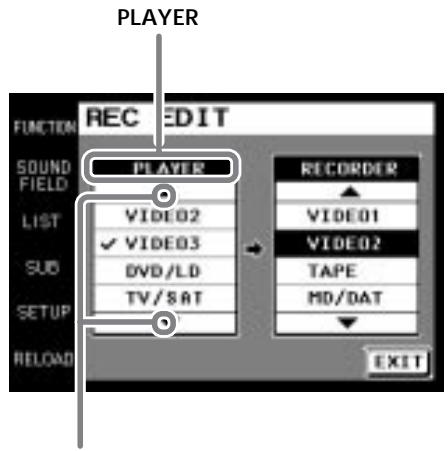 PLAYER FUNCTION REC EDIT SOUND FIELD PLAYER LIST VIDEO2 ✓ VIDEO3 DVD/LD TV/SAT RECORDER VIDEO1 VIDEO2 TAPE HD/DAT LIST VIDEO2 VIDEO1 VIDEO3 VIDEO2 SUB SETUP TAPE SERP RELEASED EXIT