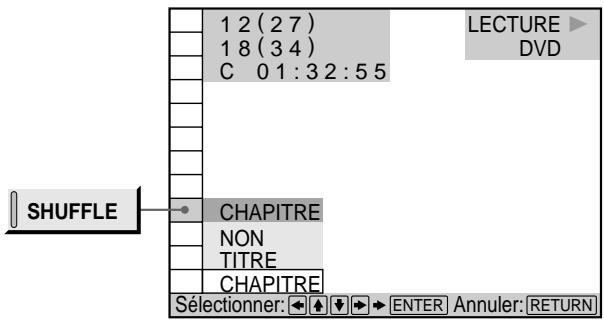 1 2 (2 7) 1 8 (3 4) C 0 1 : 3 2 : 5 5 LECTURE DVD SHUFFLE CHAPITRE NON TITRE CHAPITRE Sélectionner: ← ↓ → ENTER Annuler: RETURN