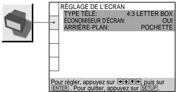 RÉGLAGE DE L'ECRAN TYPE TÉLÉ: 4:3 LETTER BOX ÉCONOMISEUR D'ÉCRAN: OUI ARRIÈRE-PLAN: POCHETTE Pour régler, appuyez sur ← ↑ ↓ →, puis sur ENTER . Pour quitter, appuyez sur SETUP.