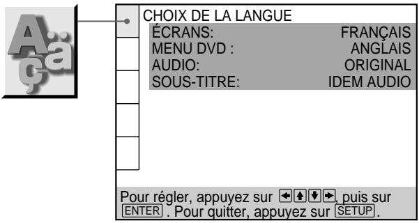 CHOIX DE LA LANGUE ÉCRANS: FRANÇAIS MENU DVD : ANGLAIS AUDIO: ORIGINAL SOUS-TITRE: IDEM AUDIO Pour régler, appuyez sur ← → ← →, puis sur ENTER . Pour quitter, appuyez sur SETUP.