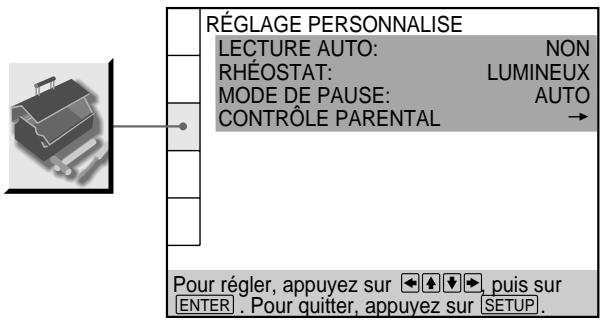 RÉGLAGE PERSONNALISE LECTURE AUTO: NON RHÉOSTAT: LUMINEUX MODE DE PAUSE: AUTO CONTRÔLE PARENTAL → Pour régler, appuyez sur ← ↓ ↓, puis sur ENTER . Pour quitter, appuyez sur SETUP.