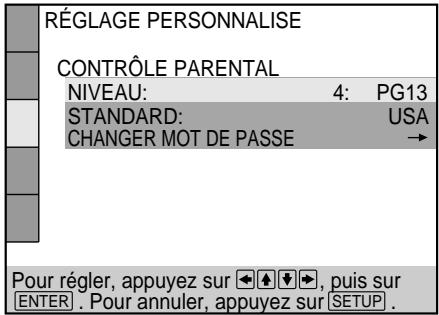 RÉGLAGE PERSONNALISE CONTRÔLE PARENTAL NIVEAU: 4: PG13 STANDARD: USA CHANGER MOT DE PASSE → Pour régler, appuyez sur ←↑↓→, puis sur ENTER. Pour annuler, appuyez sur SETUP.