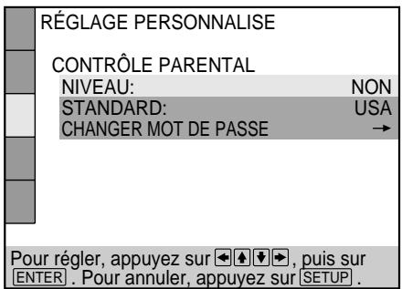 RÉGLAGE PERSONNALISE CONTRÔLE PARENTAL NIVEAU: NON STANDARD: USA CHANGER MOT DE PASSE → Pour régler, appuyez sur ←↑↓→, puis sur ENTER. Pour annuler, appuyez sur SETUP.