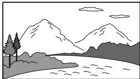 Black-and-white landscape illustration of a mountain range with trees and water (no text or symbols)