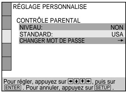 RÉGLAGE PERSONNALISE CONTRÔLE PARENTAL NIVEAU: NON STANDARD: USA CHANGER MOT DE PASSE → Pour régler, appuyez sur ← ↗ ↓ ↘ , puis sur ENTER . Pour annuler, appuyez sur SETUP .