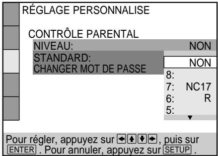 RÉGLAGE PERSONNALISE CONTRÔLE PARENTAL NIVEAU: NON STANDARD: NON CHANGER MOT DE PASSE 8: 7: NC17 6: R 5: Pour régler, appuyez sur ←↑↓→, puis sur ENTER. Pour annuler, appuyez sur SETUP.