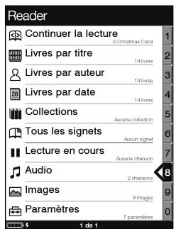SONY PRS-505 - Dans le menu d'accueil, appuyez sur pour sélectionner « audio », puis appuyez sur entrée. - 1