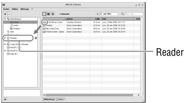 SONY PRS-505 - Faites glisser les fichiers depuis la liste vers « reader » dans l'affichage par source. - 1