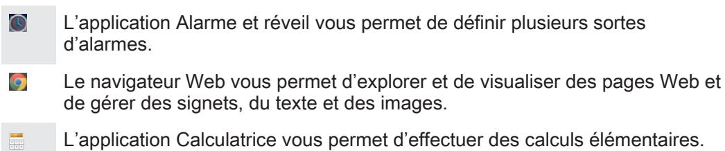 L'application Alarme et réveil vous permet de définir plusieurs sortes d'alarmes. Le navigateur Web vous permet d'explorer et de visualiser des pages Web et de gérer des signets, du texte et des images. L'application Calculatrice vous permet d'effectuer des calculs élémentaires.