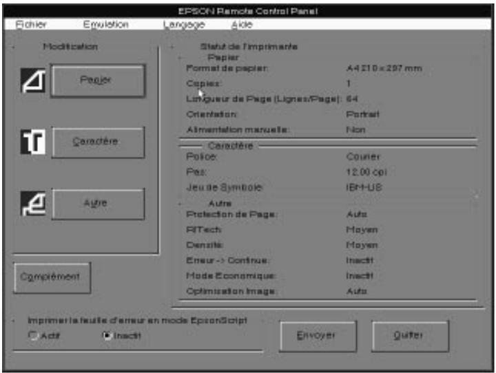 EPSON Remote Control Panel Fichier Épulation Language:Aide Modification Pagier Caractère Autre Comprément Statut de l'imprimante Papier Format de papier: A4210 x 297 mm Copies: 1 Langueur de Page (Lignes/Page): 64 Orientation Portrait Alimentation manuelle: Non Caractère Police: Counter Pass: 12.00 cpi Jeu de Symbole: IBR-US Autre Protection de Page: Auto FITech: Moyen Densité: Moyen Emseur -> Continue: Inactif Mode Economique: Inactif Optimization Image: Auto Imprimer la seule d'erreur en mode EpsonScript Add Inactif Envoyer Quiter