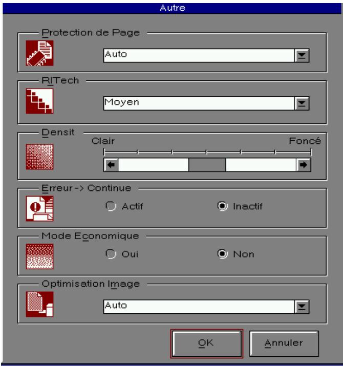 Autre Protection de Page Auto RITech Moyen Densit Clair Foncé Erreur-> Continue Actif Inactif Mode Economique Oui Non Optimisation Image Auto OK Annuler