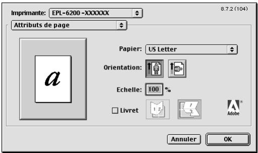 Imprimante: EPL-6200 -XXXXXX 8.7.2 (104) Attributs de page Papier: US Letter Orientation: Echelle: 100 % Livret Annuler OK