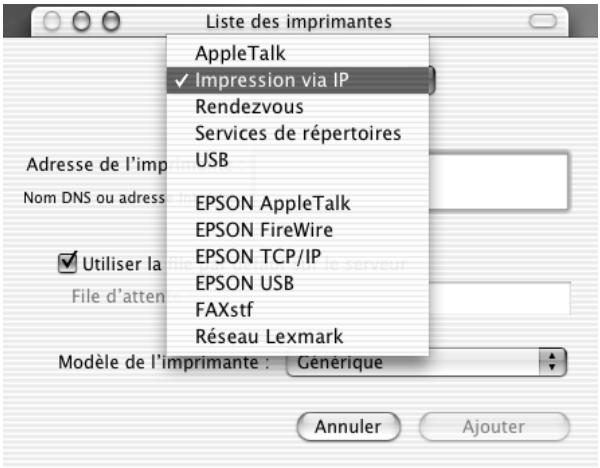 Liste des imprimantes AppleTalk ✓ Impression via IP Rendezvous Services de répertoires USB EPSON AppleTalk EPSON FireWire EPSON TCP/IP EPSON USB FAXstf Réseau Lexmark Adresse de l'imp Nom DNS ou adress Utiliser la File d'atten Modèle de l'imprimante : Générique Annuler Ajouter