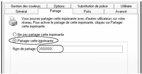 Gestion des couleurs Options Substitution de police Utilitaire Général Partage Ports Avancé Vous pouvez partager cette imprimante avec d'autres utilisateurs sur votre réseau. Pour activer le partage de cette imprimante, cliquez sur Partager cette imprimante. ○ Ne pas partager cette imprimante ● Partager cette imprimante Nom de partage : 00000000000