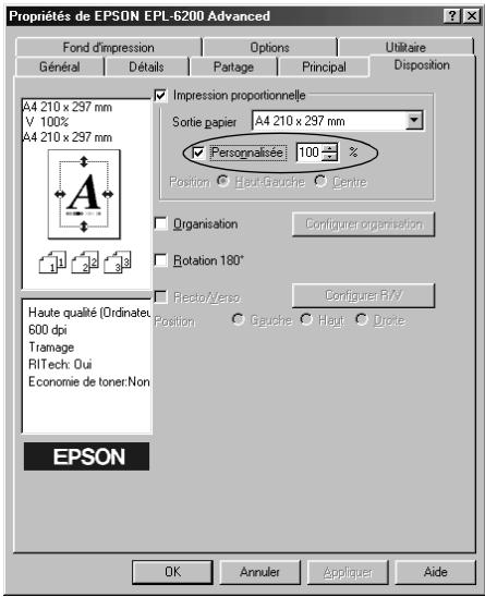 Propriétés de EPSON EPL-6200 Advanced Fond d'impression Options Utilitaire Général Détails Partage Principal Disposition A4 210 x 297 mm V 100% A4 210 x 297 mm Impression proportionnelle Sortie papier A4 210 x 297 mm Personalisée 100 % Position Haute/Gauche Centre Organisation Configurer organiseton Rotation 180° Recto/Enso Configurer R/V Haute qualité (Ordinatee) 600 dpi Tramage RITech: Oui Economie de toner: Non Position Gauche Haut Dorte EPSON OK Annuler Appliquer Aide