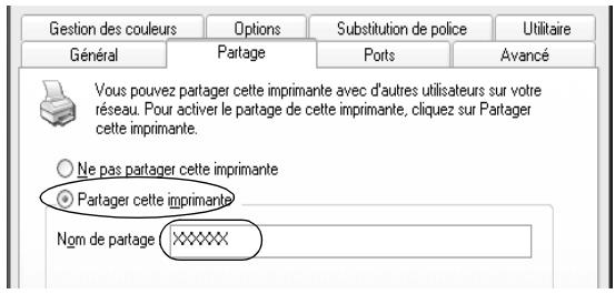 Gestion des couleurs Options Substitution de police Utilitaire Général Partage Ports Avancé Vous pouvez partager cette imprimante avec d'autres utilisateurs sur votre réseau. Pour activer le partage de cette imprimante, cliquez sur Partager cette imprimante. ○ Ne pas partager cette imprimante ● Partager cette imprimante Nom de partage