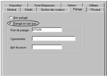 Disposition Fond d'impression Options Utilitaire Général Détails Gestion des couleurs Partage Principal ○ Non partagé ● Partagé en tant que : Nom de partage : EPSON Commentaire : Mot de passe :