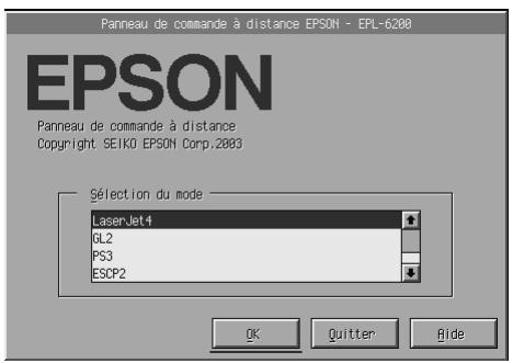 Panneau de commande à distance EPSON - EPL-6200 EPSON Panneau de commande à distance Copyright SEIKO EPSON Corp.2003 Sélection du mode LaserJet4 GL2 PS3 ESCP2 OK Quitter Bide