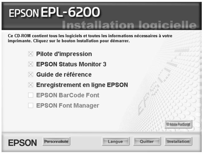 EPSON EPL-6200 Installation logicielle Ce CD-ROM contient tous les logiciels et toutes les informations nécessaires à votre imprimante. Cliquez sur le bouton Installation pour démarrer. Pilote d'impression EPSON Status Monitor 3 Guide de référence Enregistrement en ligne EPSON EPSON BarCode Font EPSON Font Manager Adobe PostScript EPSON Personnalisée Langue Quitter Installation