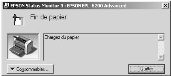 EPSON Status Monitor 3 : EPSON EPL-6200 Advanced Fin de papier Chargez du papier Consommables ... Quitter